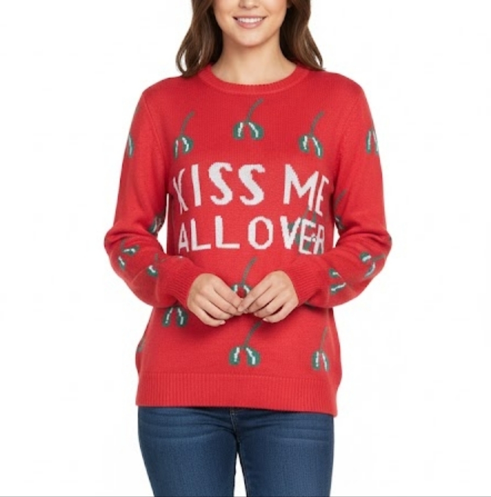 Ugly Christmas Sweater Womens Red Green Mistletoe Kiss Me All Over Holiday